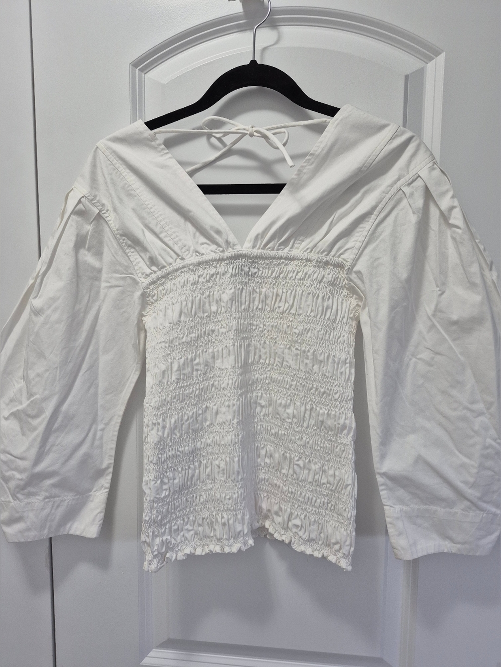GANNI Cotton Poplin Smocked Top, US 0, White - Picture 8 of 10
